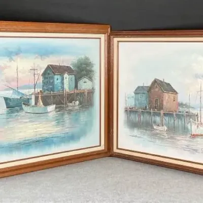 Pair of Signed A. Simpson Coastal Harbor Paintings – Framed Nautical Art