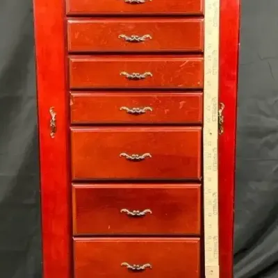 Cherry Finish Wooden Jewelry Armoire with Mirror, 8 Drawers & Side Compartments