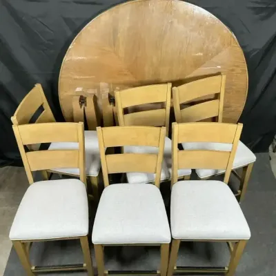65” Round Wooden Dining Table with 6 Upholstered Chairs – 7-Piece Set