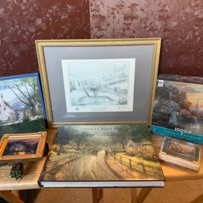 Thomas Kinkade Collection Lot – Framed COA Sketch Print, Coffee Table Book & Puzzle