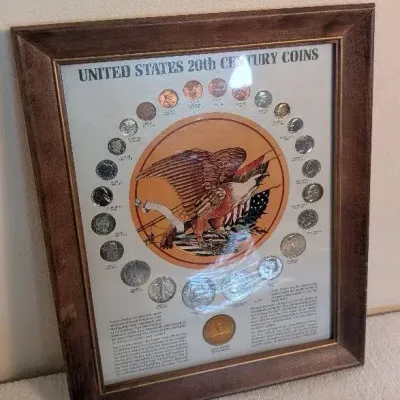 Vintage United States 20th Century Coins Framed Collection with Solid Bronze Moon Landing Medal