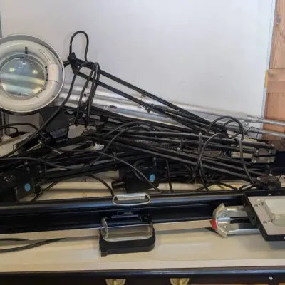 Bulk Lot: Portable Projection Screen, Studio Lighting, Boom Arms & Utility Equipment