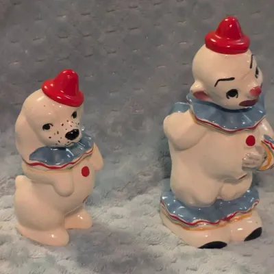 Brayton Laguna Pottery Circus Clown and Dog Salt and Pepper Shaker Set