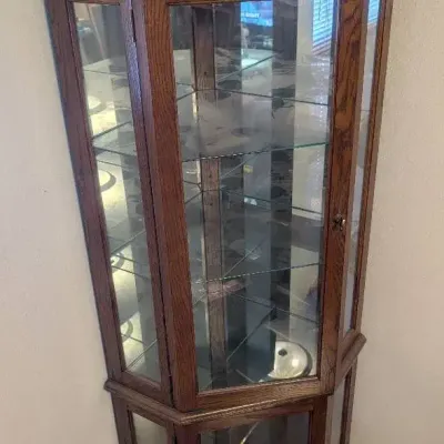 Vintage Lighted Oak Corner Curio Cabinet