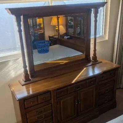 Vintage 1970s Traditional Oak/Maple Triple Dresser Base & High Crown Detached Mirror