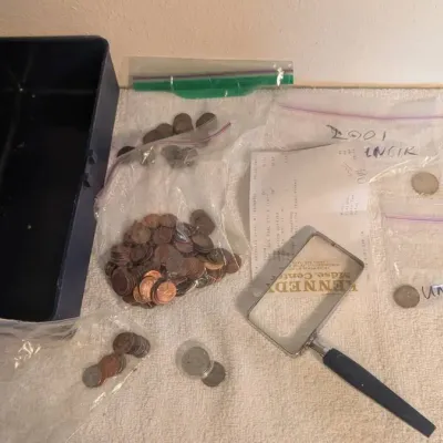 U.S. Coin Collector Starter Lot  Uncirculated Cents & Nickels, Sorted Change, Box & Tools