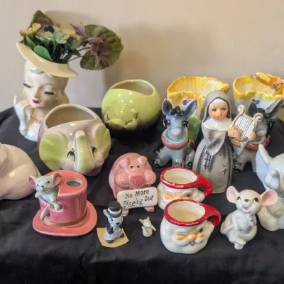 Vintage Mid-Century Ceramic & Pottery Collectibles Lot  15+ Pcs, Head Vase, Planters, Figurines\n
