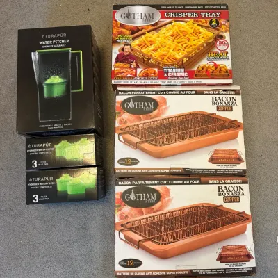 As Seen On TV Kitchen Lot – Turapür Water Pitcher & Filters, Gotham Steel Crisper & Bacon Trays