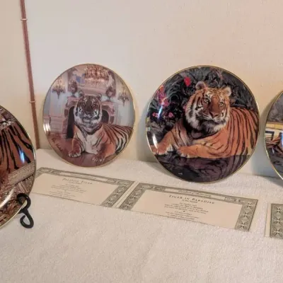 Lot of 4 Franklin Mint "Imperial Tiger" Heirloom Porcelain Plates - Ron Kimball (COAs Included)\n