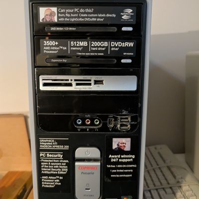 Sale Photo Thumbnail #4: 
Compaq Presario SR1630NX Tower.  Includes AMD Athlon 64 2ghz Processor, 1GB RAM, 320GB HDD, and Integrated ATI Radeon graphics with a Sound Blaster Audigy SE Sound card, Wi-Fi Internet, DVD Drive, SD Card Reader, and USB 2.0 support.  Untested $40