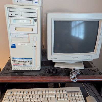 Sale Photo Thumbnail #49: US Tech Intel Pentium 120 MHz complete system with dual CD-ROM, Tape drive, removable hard drive, and integrated ZIP Drive.  Comes with a CRT monitor, keyboard, mouse, and associated cables.  Boots to Windows NT 4.0.
$250