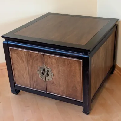 Sale Photo Thumbnail #23: Vintage Chinoiserie Side Cabinet Table

Vintage Chinoiserie side cabinet with a square wood top, paneled front, and decorative brass-tone escutcheon hardware. The two-door form provides enclosed storage with an Asian-inspired furniture aesthetic, while th