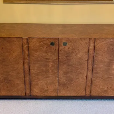 Sale Photo Thumbnail #3: Vintage Century Burled Wood Sideboard. Vintage Century buffet crafted with richly figured burl wood veneer and dark contrasting trim. The six-door case features round inset pulls, adjustable interior storage, and a finished top suitable for dining-room or