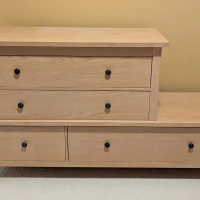 Sale Photo Thumbnail #8: Drexel Studio Contemporary Light Oak Offset Tiered Dresser. Features & Details:
Innovative Architectural Profile: This eye-catching piece by Drexel Studio utilizes a striking, multi-level layout. The main stacked chest features three spacious drawers, whi