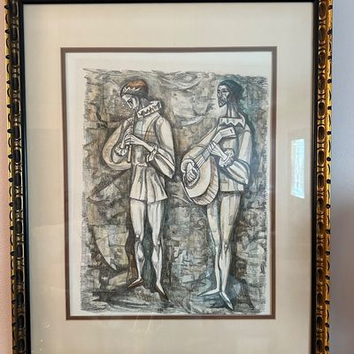 Sale Photo Thumbnail #66: Framed mid-century modernist artwork depicting two Renaissance-style musicians playing a lute and a pipe, housed in an ornate carved gilt wood frame.