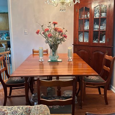 Sale Photo Thumbnail #77: Traditional wooden dining table set with matching ladder-back chairs featuring upholstered needlepoint seat cushions, .
