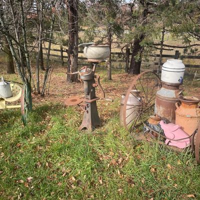 Sale Photo Thumbnail #181: Collection of rustic outdoor garden decor, featuring vintage milk cans, an iron hand-pump separator, and a decorative metal wheeled cart with tractor seat.