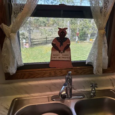 Sale Photo Thumbnail #33: Vintage painted wooden kitchen plaque reading 'Skinny Cooks Can't Be Trusted', displayed on a windowsill framed by white lace curtains.