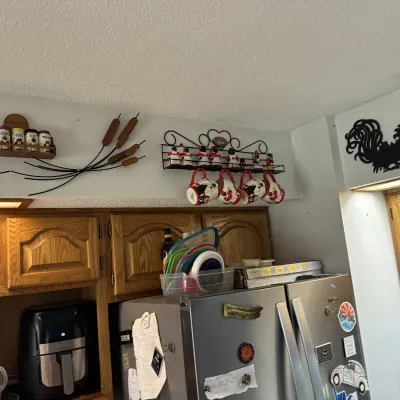 Sale Photo Thumbnail #30: Kitchen soffit decor including metal cattail wall art, a spice rack, a black wrought iron mug rack with mugs, and a silhouette rooster accent above oak cabinets.