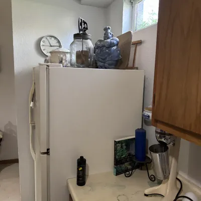 Sale Photo Thumbnail #14: White top-freezer refrigerator displayed alongside kitchen countertop items, including a vintage Hamilton Beach milk drink mixer and decor atop the fridge.