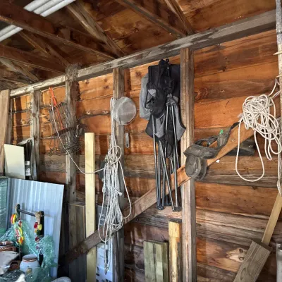 Sale Photo Thumbnail #144: Assorted workshop items and equipment hanging along a wooden wall, including folding camp chairs, ropes, wire baskets, and animal antlers.