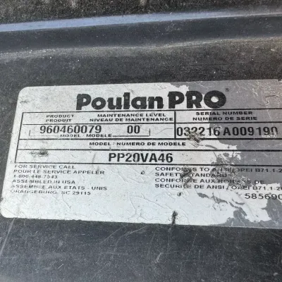 Sale Photo Thumbnail #120: Manufacturer identification label on a Poulan Pro lawn mower, model PP20VA46.