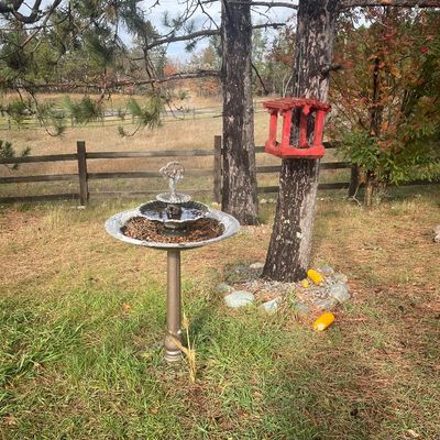 Sale Photo Thumbnail #182: Three-tier metal garden fountain with an angel top figure, accompanied by a hanging red wooden bird feeder in an outdoor yard setting.