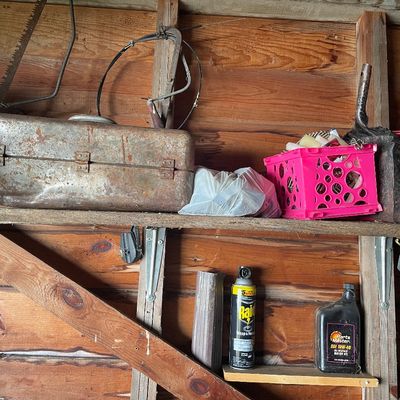 Sale Photo Thumbnail #205: Rustic wooden shed shelves holding a vintage metal toolbox, hand saws, a bright pink crate, and automotive supplies.