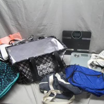 Sale Photo Thumbnail #303: Assorted collection of tote bags and duffels in various patterns and colors alongside two digital bathroom scales.