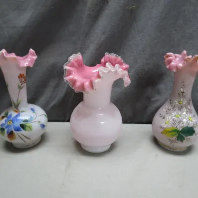 Sale Photo Thumbnail #6: Trio of vintage Fenton pink opalescent and hand-painted glass vases with ruffled rims.