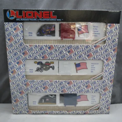 Sale Photo Thumbnail #14: Lionel 'The Old Glory Series' O gauge boxcar 3-pack, new in original packaging.