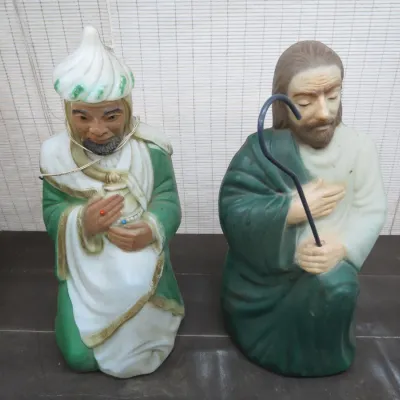 Sale Photo Thumbnail #9: Pair of vintage plastic nativity blow mold figures depicting a wise man and a shepherd, displaying light surface wear and minor paint loss.