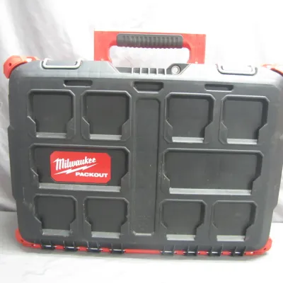 Sale Photo Thumbnail #34: Milwaukee Packout modular organizer toolbox in red and black composite, featuring a heavy-duty top carrying handle.