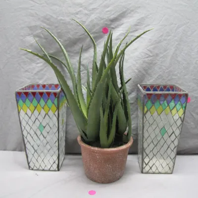 Sale Photo Thumbnail #115: Potted aloe vera plant in a terracotta planter, flanked by a pair of mosaic glass geometric vase holders.