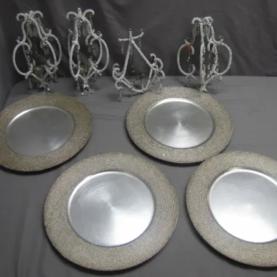 Sale Photo Thumbnail #25: Set of four silver-tone charger plates with beaded rims, accompanied by four matching beaded crystal candle holders.