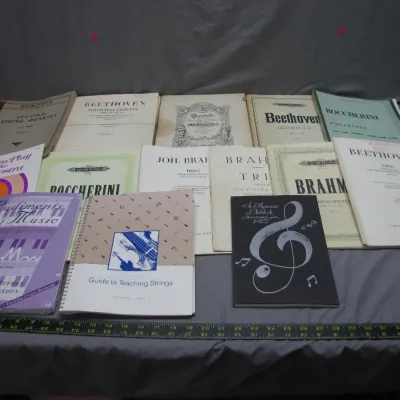 Sale Photo Thumbnail #197: Collection of vintage classical sheet music books and music instruction manuals, including titles by Beethoven, Brahms, and Boccherini.