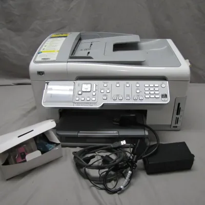 Sale Photo Thumbnail #109: HP Photosmart C6180 All-in-One printer, scanner, copier, and fax machine, complete with power supply, USB cable, and extra ink cartridges.