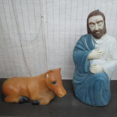 Sale Photo Thumbnail #244: Vintage plastic nativity blow mold figures, including a kneeling Joseph and a seated cow, showing light paint wear.