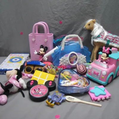 Sale Photo Thumbnail #157: Collection of children's toys and accessories including Disney characters, a toy horse, play purses, and games.