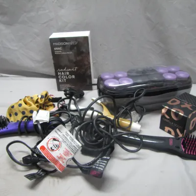 Sale Photo Thumbnail #297: Collection of hair styling tools and products, including a Madison Reed hair color kit, hot rollers, heated straightening brushes, and a hair scrunchie.
