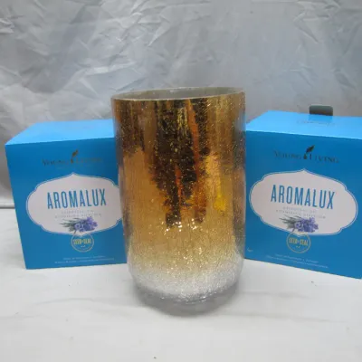 Sale Photo Thumbnail #241: Young Living AromaLux essential oil atomizing diffuser featuring a metallic gold and silver ombre crackle glass sleeve, flanked by two original blue retail boxes.