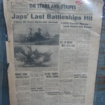 Sale Photo Thumbnail #180: Original copy of The Stars and Stripes newspaper dated Thursday, July 26, 1945, reporting World War II news with notable edge wear and aging.