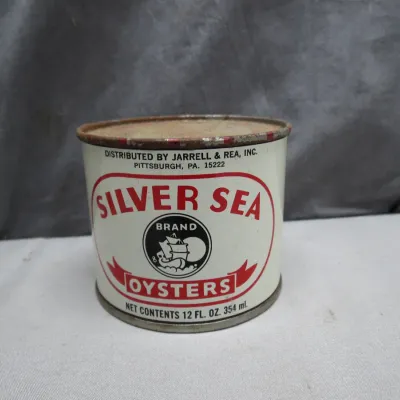 Sale Photo Thumbnail #4: Vintage Silver Sea Brand Oysters 12 fl oz tin can, distributed by Jarrell & Rea, Inc. of Pittsburgh, PA.