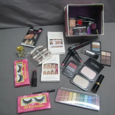 Sale Photo Thumbnail #93: Assortment of modern beauty products, including false eyelashes, press-on nails, lipsticks, and various eyeshadow palettes.