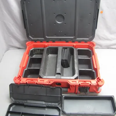 Sale Photo Thumbnail #35: Milwaukee Packout modular tool box organizer featuring removable plastic bins and dividers, shown open in good used condition.