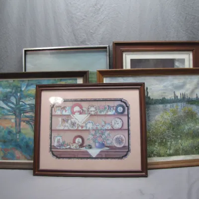 Sale Photo Thumbnail #59: Collection of five framed wall art prints, including landscape and still life subjects in wooden and metal frames.