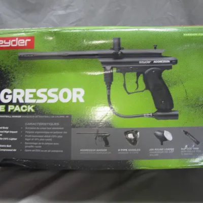 Sale Photo Thumbnail #250: Spyder Aggressor Value Pack semi-automatic paintball marker set in original box.