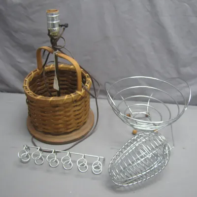 Sale Photo Thumbnail #287: Rustic woven basket table lamp paired with various vintage wire kitchen accessories and organizers.