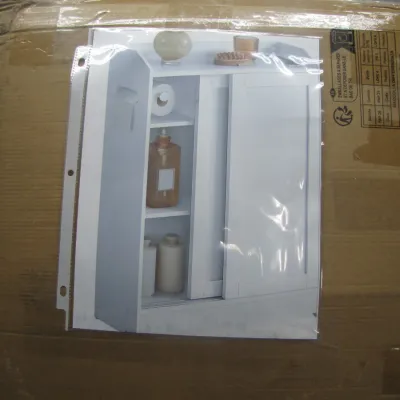 Sale Photo Thumbnail #298: Unassembled white wooden bathroom storage cabinet featuring sliding doors and open shelving, new in original box.
