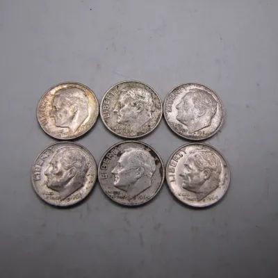 Sale Photo Thumbnail #21: Group of six 90% silver US Roosevelt dimes, all dated 1964, showing mild toning and wear.